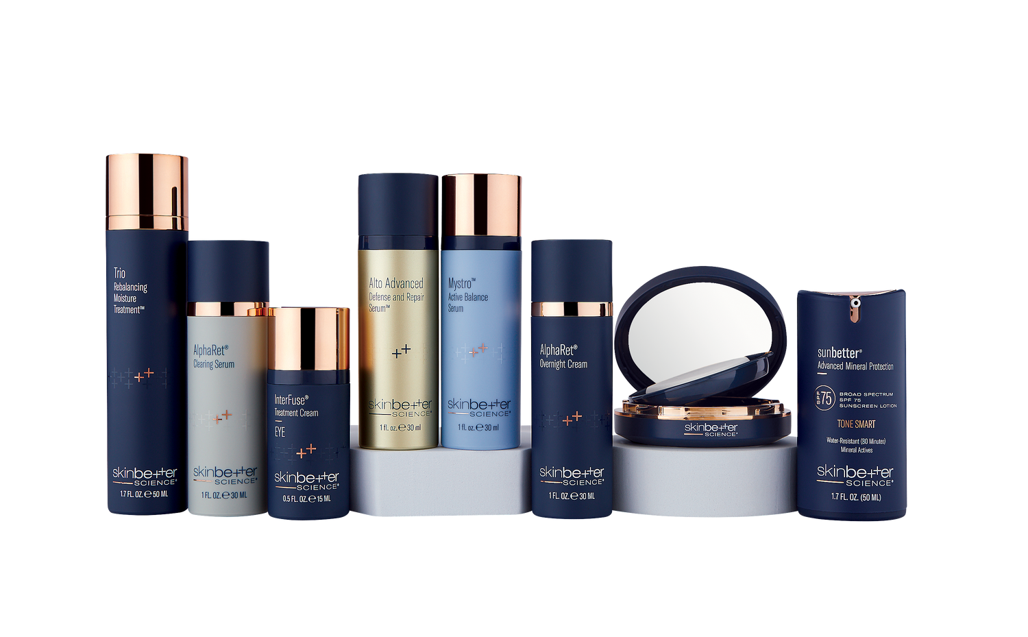 Collection of skincare products with blue and bronze packaging on a white background
